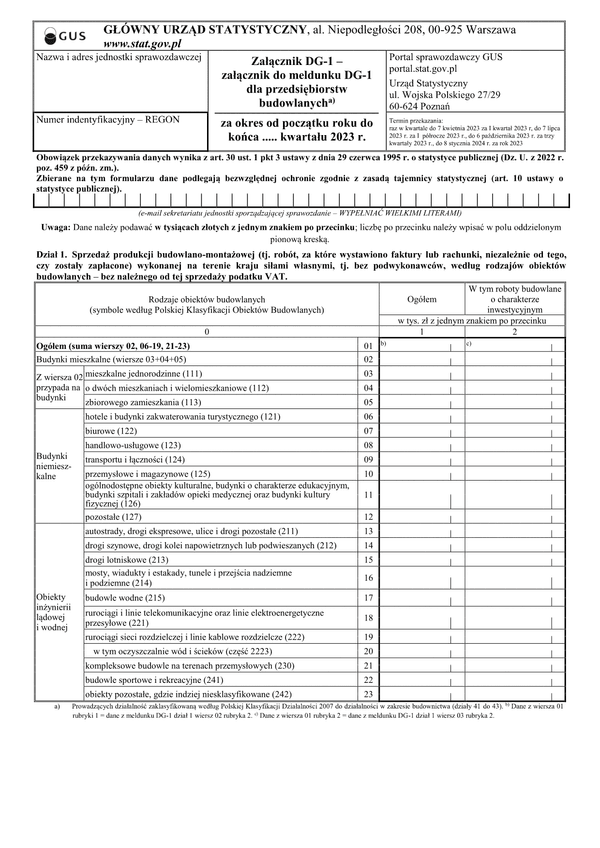 GUS DG-1 ZAŁ (2023) (archiwalny) Załącznik do meldunku DG-1 dla przedsiębiorstw budowlanych