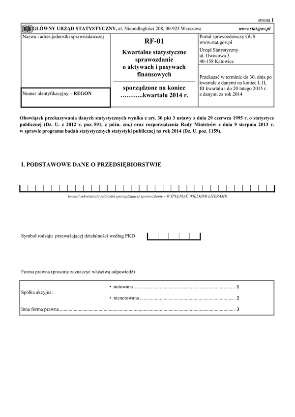 GUS RF-01 (2014) (archiwalny) Kwartalne statystyczne sprawozdanie o aktywach i pasywach finansowych 