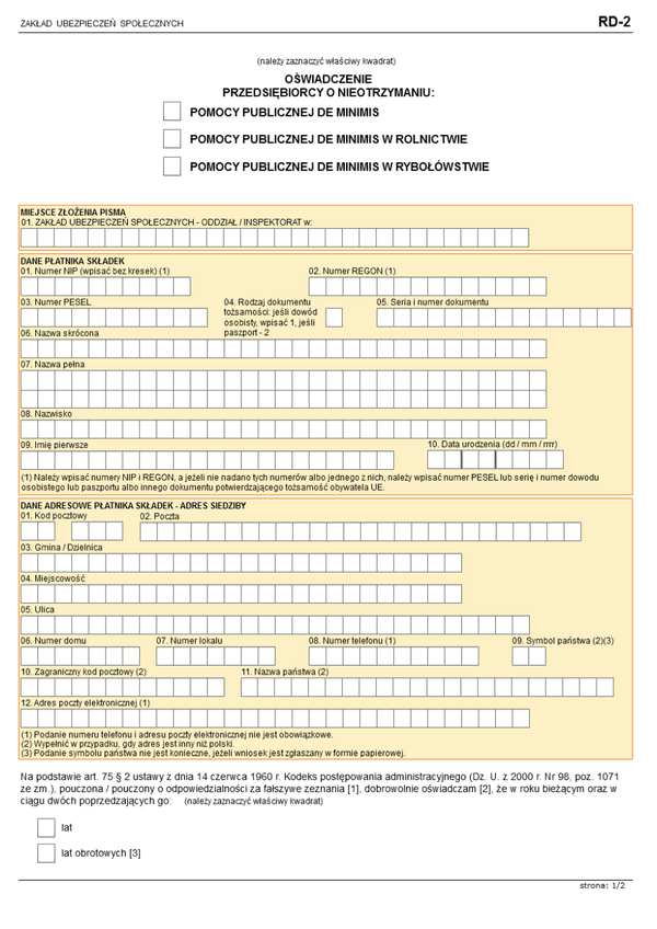 ZUS RD-2 (archiwalny) Oświadczenie przedsiębiorcy o nieotrzymaniu pomocy publicznej de minimis/pomocy publicznej de minimis w rolnictwie/pomocy publicznej de minimis w rybołówstwie