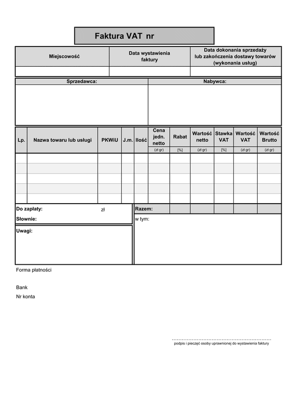 FV(n5) (od 2014) (archiwalny) Faktura VAT netto (liczona od cen jednostkowych netto - 5 pozycji)