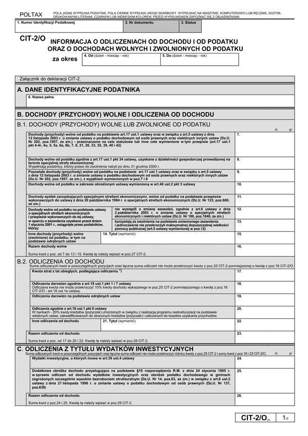 CIT-2/O (4) (archiwalny) Informacja o odliczeniach od dochodu i od podatku oraz o dochodach wolnych i zwolnionych od podatku