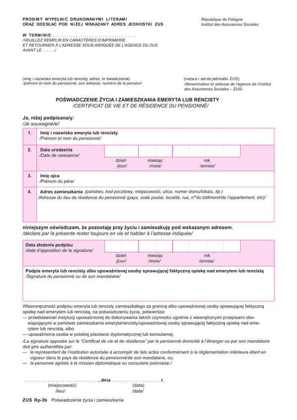 ZUS RP-3B (archiwalny) Poświadczenie życia i zamieszkania emeryta lub rencisty (w wersji polsko-francuskiej)