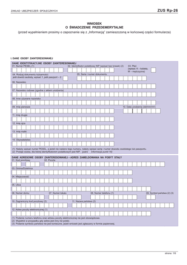 ZUS RP-26 (archiwalny) (od 2014) Wniosek o świadczenie przedemerytalne