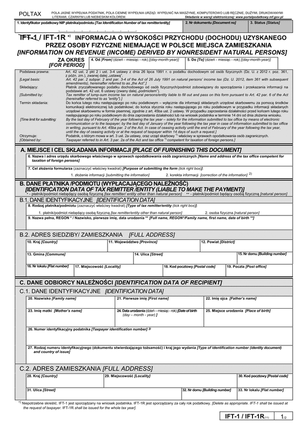 IFT-1R (11) (2014) (archiwalny) Informacja o wysokości przychodu (dochodu) uzyskanego przez osoby fizyczne niemające w Polsce miejsca zamieszkania 