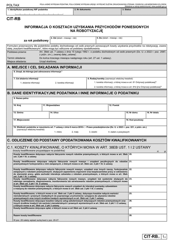 CIT-RB (2) (2023) Informacja o kosztach uzyskania przychodów poniesionych na robotyzację