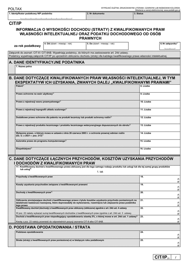 CIT/IP (5) Informacja o wysokości dochodu (poniesionej straty) z kwalifikowanych praw własności intelektualnej
