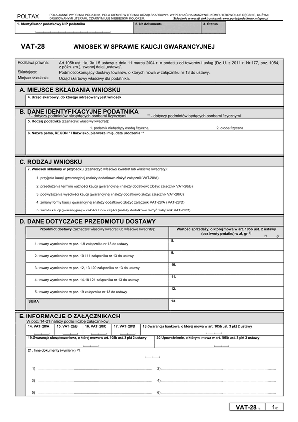 VAT-28 (1) (archiwalny) Wniosek w sprawie kaucji gwarancyjnej