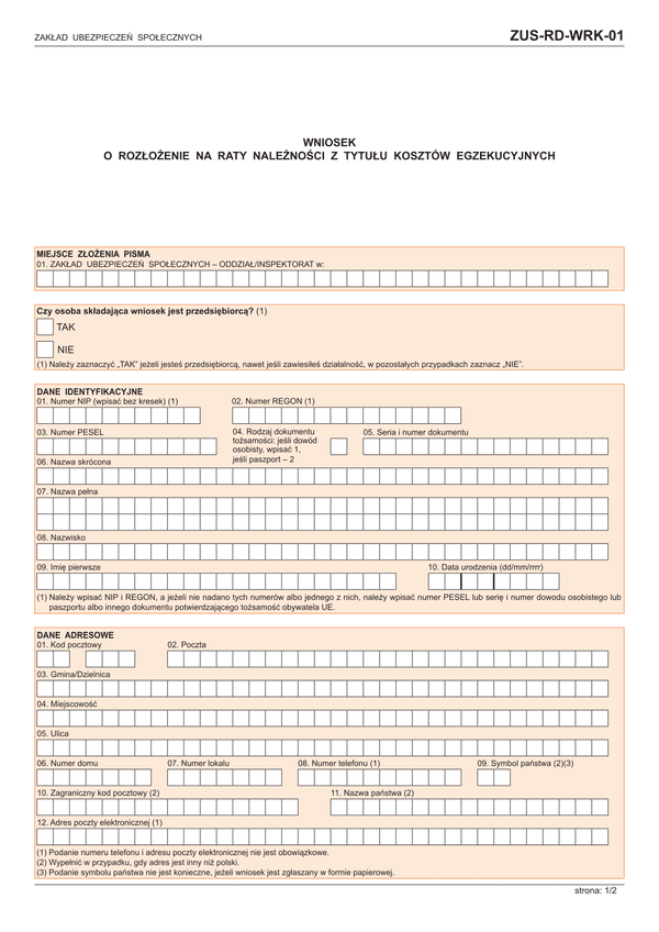 ZUS-RD-WRK-01 (archiwalny) Wniosek o rozłożenie na raty należności z tytułu kosztów egzekucyjnych