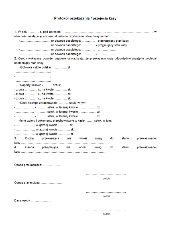 PPPK Protokół przekazania/przejęcia kasy