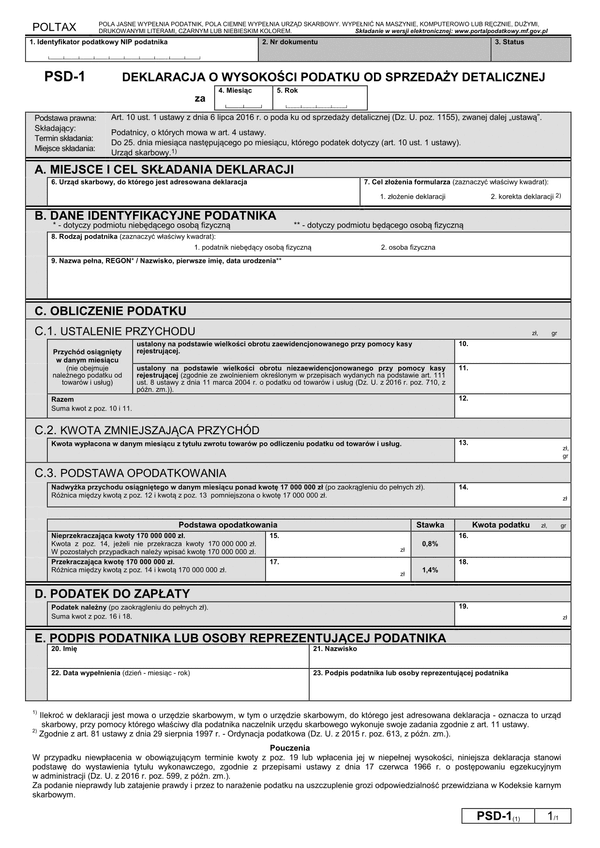 PSD-1 (1) (archiwalny) Deklaracja o wysokości podatku od sprzedaży detalicznej