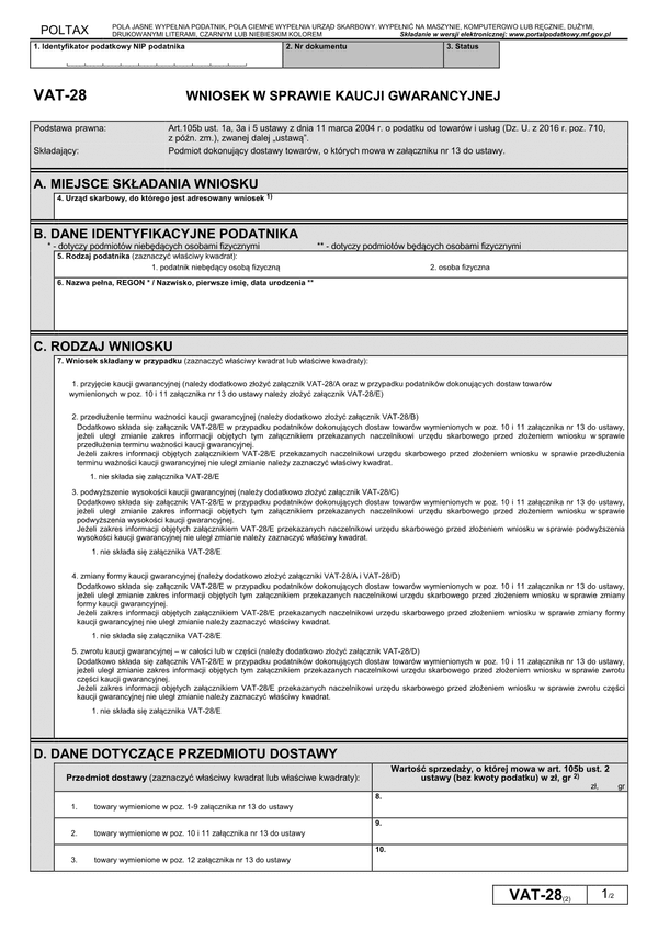 VAT-28 (2) (archiwalny) Wniosek w sprawie kaucji gwarancyjnej