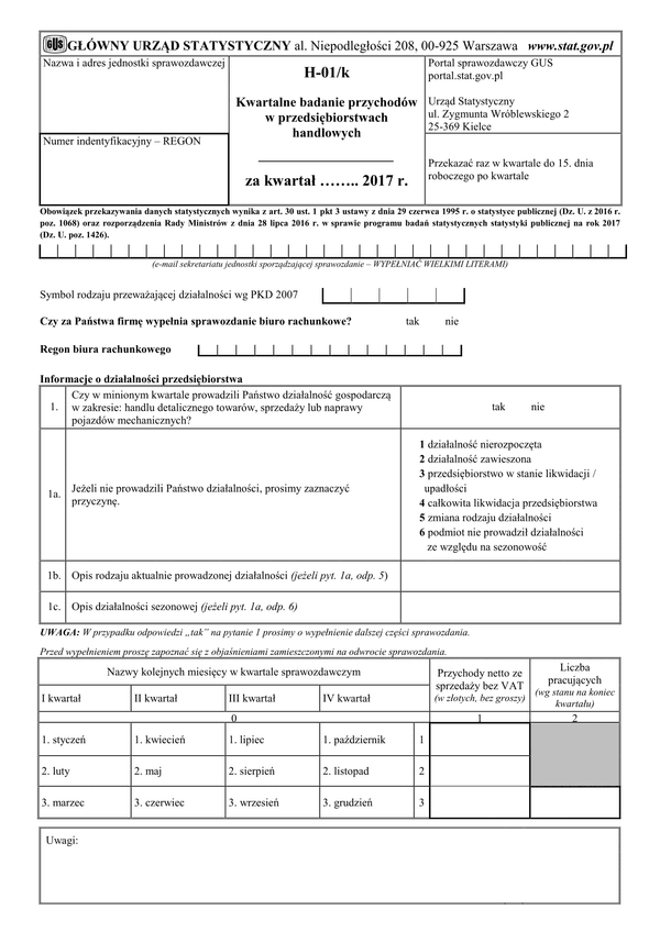 GUS H-01/k (archiwalny) (2017) Kwartalne badanie przychodów w przedsiębiorstwach handlowych