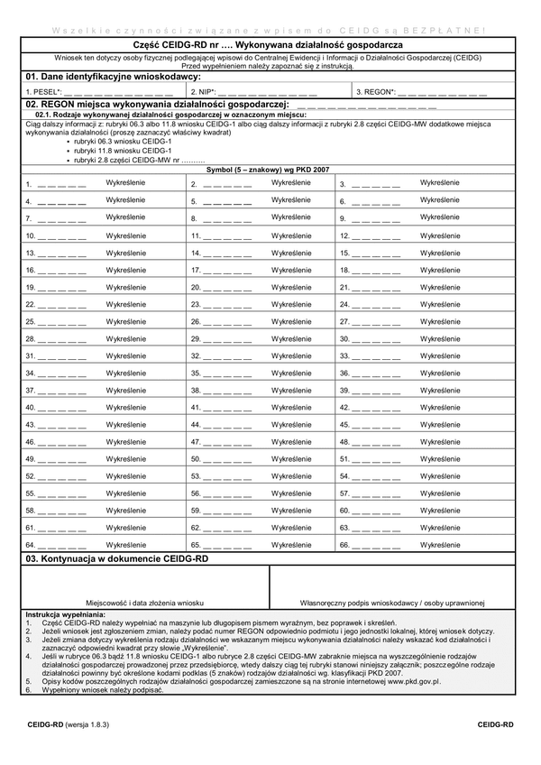 CEIDG-RD (1.8.3) (archiwalny) Wykonywana działalność gospodarcza