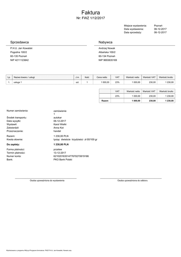 FVATWZ Faktura wydanie na zewnątrz