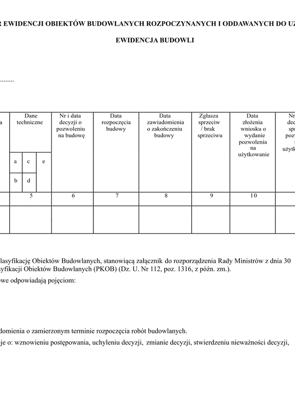 EOBR-BW Wzór ewidencji obiektów budowlanych rozpoczynanych i oddawanych do użytkowania, ewidencja budowli