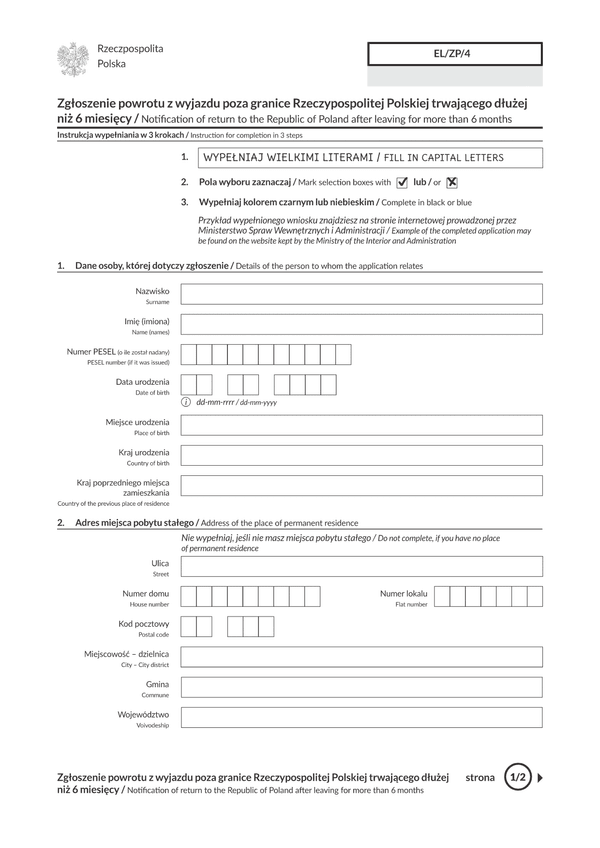 EL/ZP/4 Zgłoszenie powrotu z wyjazdu poza granice Rzeczypospolitej Polskiej trwającego dłużej niż 6 miesięcy