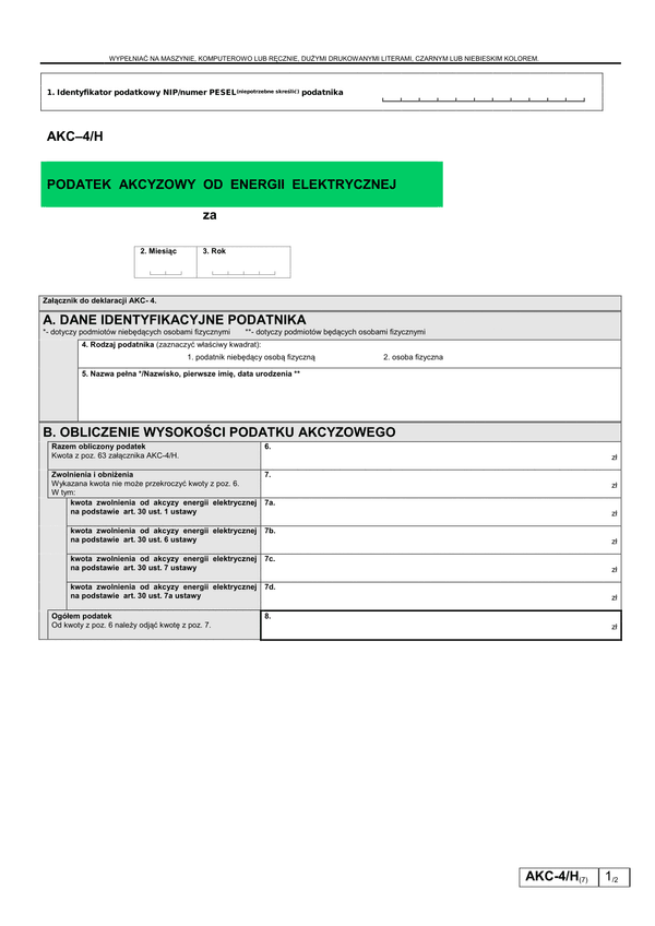 AKC-4/H (7) (archiwalny) Podatek akcyzowy od energii elektrycznej 