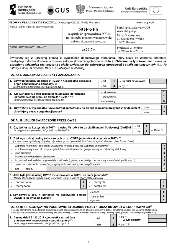 GUS SOF-5ES (archiwalny) Załącznik do sprawozdania SOF-5 na potrzeby monitorowania rozwoju sektora ekonomii społecznej za 2017 r.
