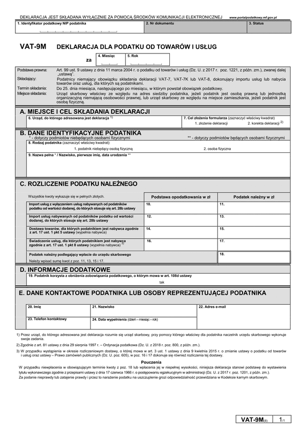 VAT-9M (8) (archiwalny) Deklaracja dla podatku od towarów i usług 