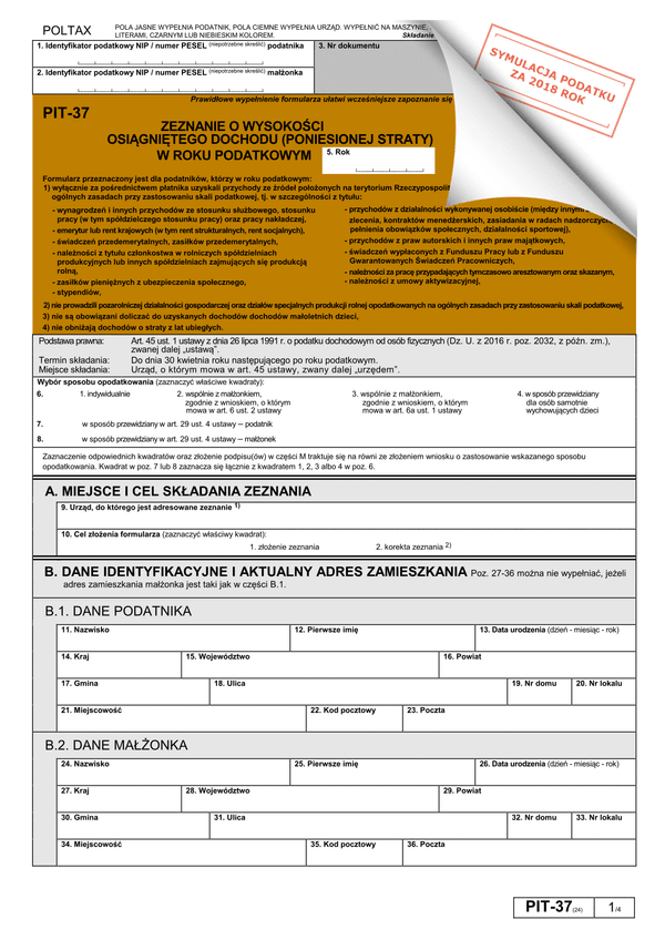 PIT-37 (24) (archiwalny) (2018) Zeznanie o wysokości osiągniętego dochodu (lub poniesionej straty) 