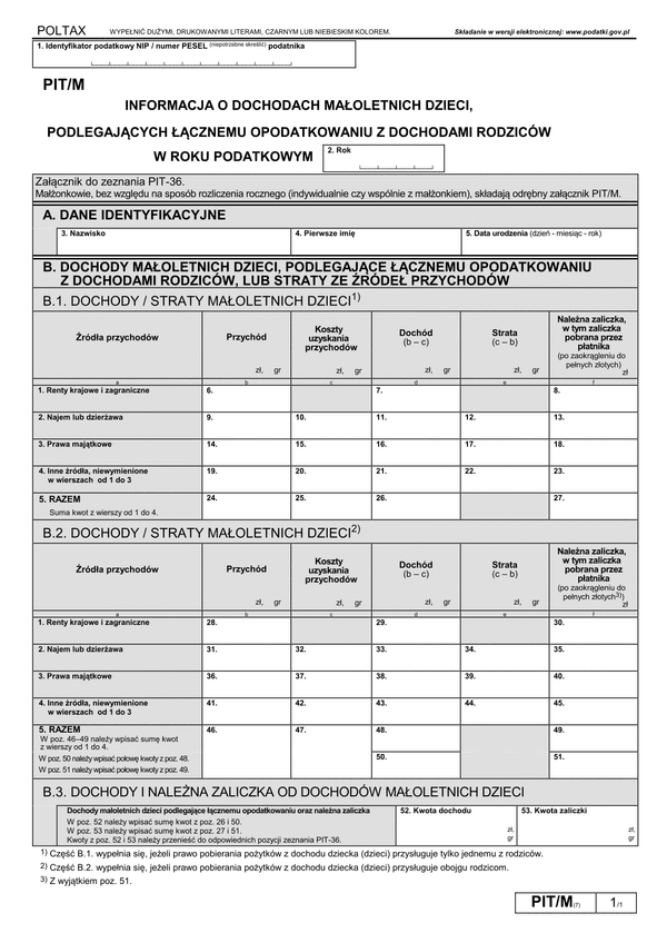 PIT/M (7) (archiwalny) (2018-2020) Informacja o dochodach małoletnich dzieci, podlegających łącznemu opodatkowaniu z dochodami rodziców