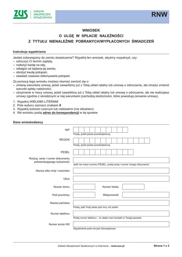 ZUS-RNW Wniosek o ulgę w spłacie należności z tytułu nienależnie pobranych/wypłaconych świadczeń