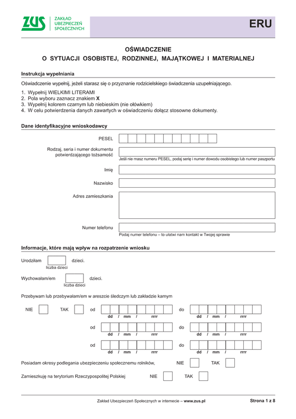 ZUS ERU (archiwalny) Oświadczenie o sytuacji osobistej, rodzinnej, majątkowej i materialnej