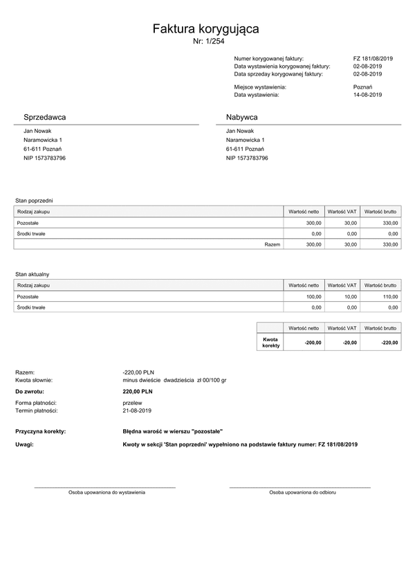 FKorZ Faktura korygująca zakupowa