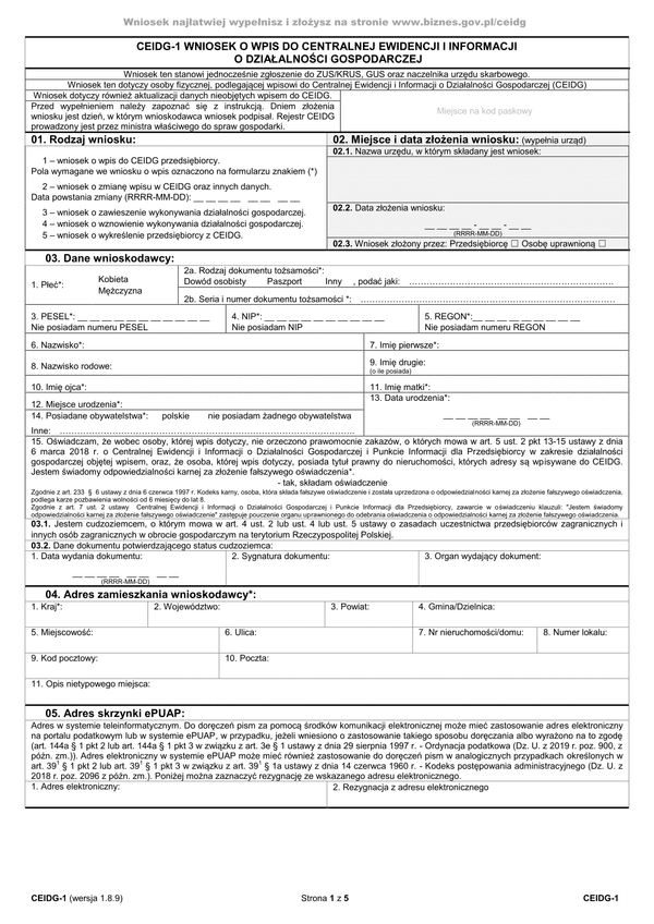 CEIDG-1 (1.8.9) (archiwalny) Wniosek o wpis do centralnej ewidencji i informacji o działalności gospodarczej