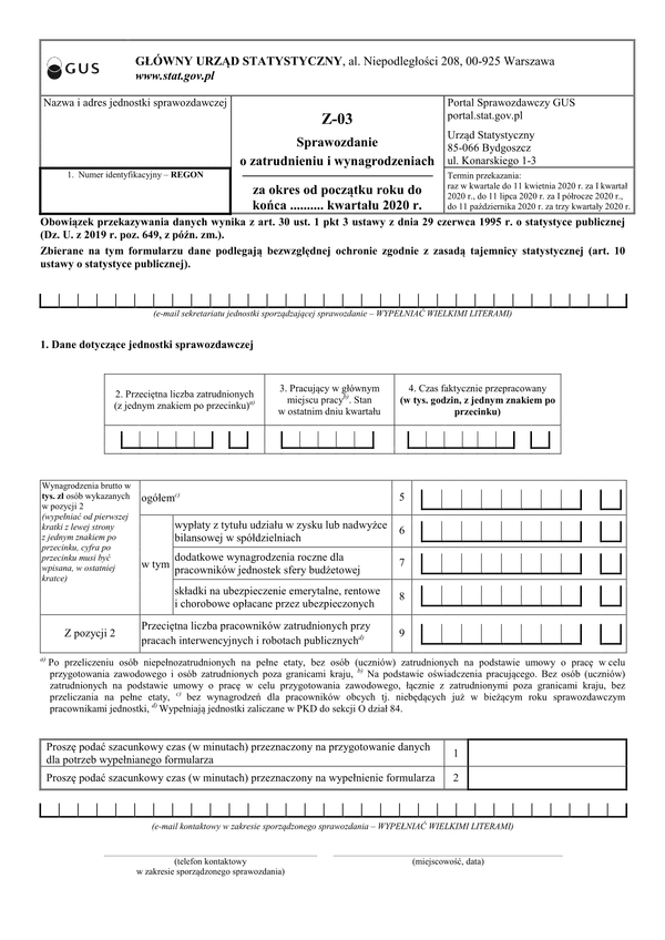 GUS Z-03 (2020) (archiwalny) Sprawozdanie o zatrudnieniu i wynagrodzeniach