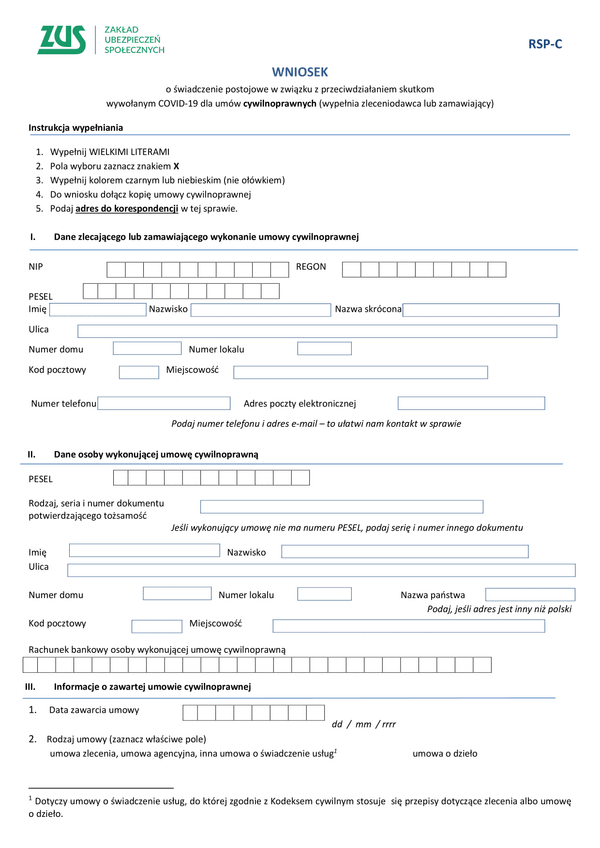 ZUS RSP-C  (archiwalny) (Covid-19 koronawirus) WNIOSEK o świadczenie postojowe w związku z przeciwdziałaniem skutkom wywołanym COVID-19 dla umów cywilnoprawnych