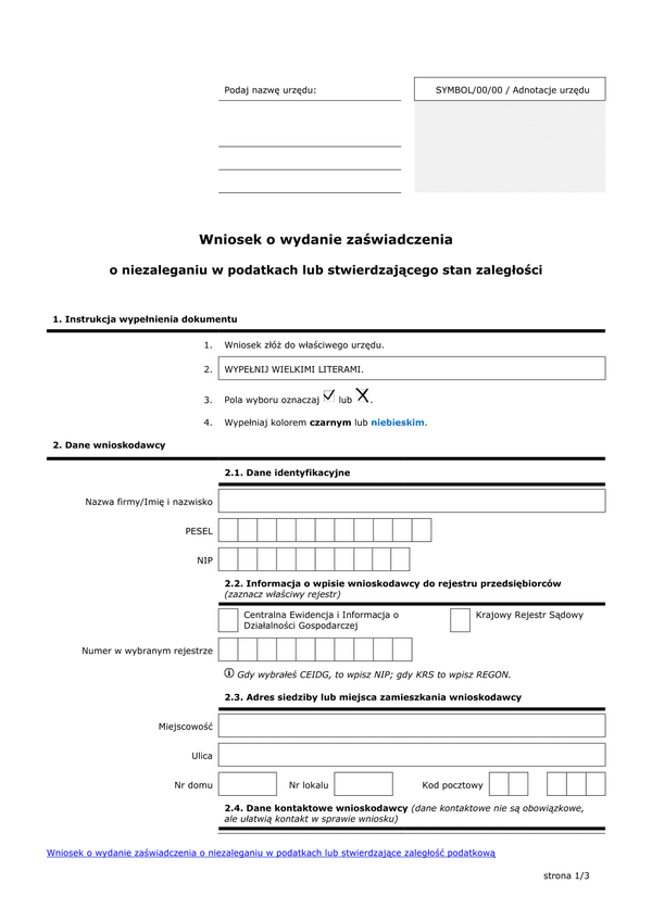 WoZNP (archiwalny) Wniosek o wydanie zaświadczenia o niezaleganiu w podatkach lub stwierdzającego stan zaległości