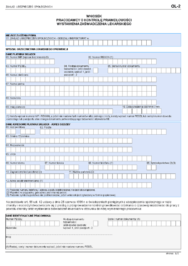ZUS OL-2 (archiwalny) Wniosek pracodawcy o kontrolę zaświadczenia lekarskiego