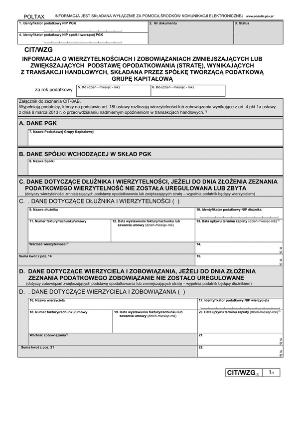 CIT/WZG (2) (archiwalny) Informacja o wierzytelnościach i zobowiązaniach zmniejszających lub zwiększających podstawę opodatkowania (stratę), wynikających z transakcji handlowych, składana przez spółkę tworzącą grupę kapitałow
