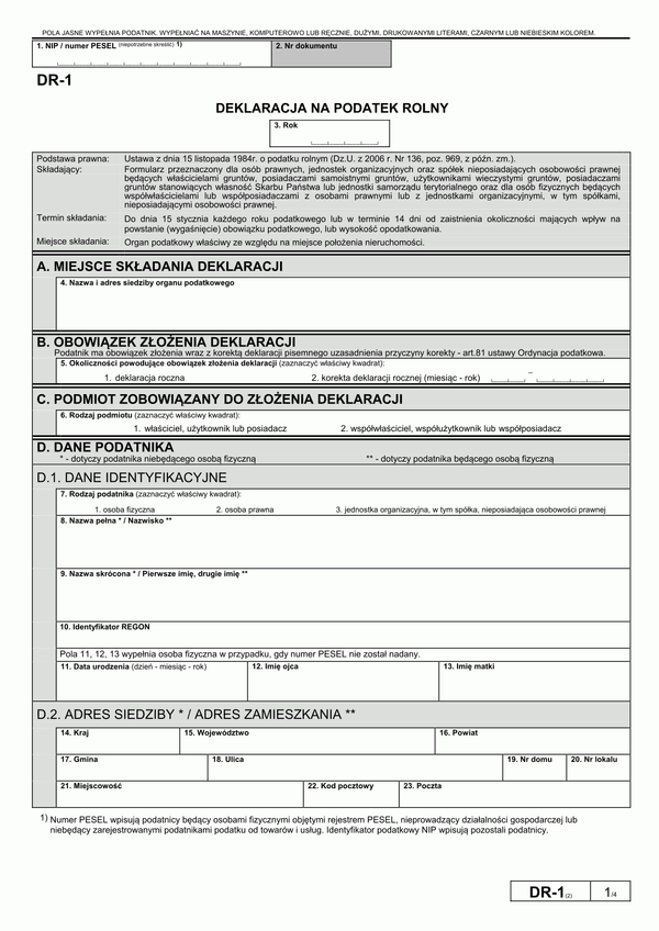 DR-1 (2) (archiwalny) Deklaracja na podatek rolny