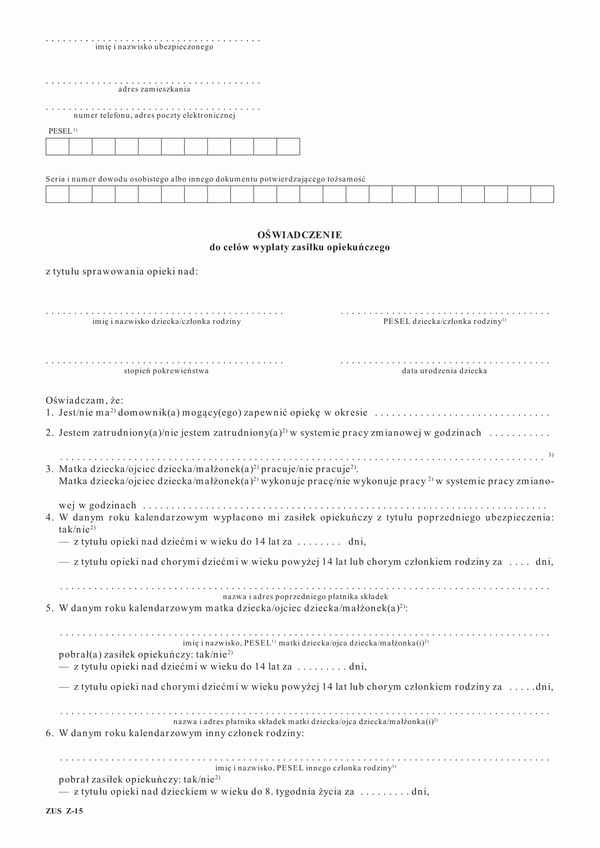 ZUS Z-15 (od 2012) (archiwalny) Oświadczenie dla celów wypłaty zasiłku opiekuńczego 