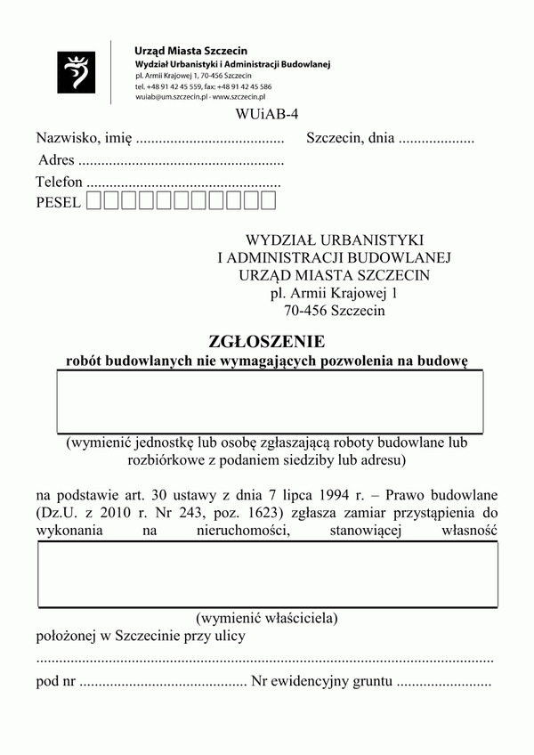 ZRB-Sz (archiwalny) Zgłoszenie robót budowlanych nie wymagających pozwolenia na budowę Szczecin
