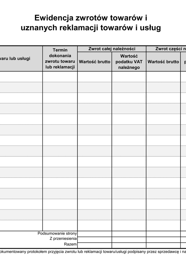 EZTiR Ewidencja zwrotów towarów i uznanych  reklamacji towarów i usług