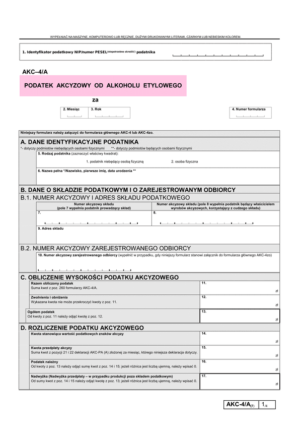 AKC-4/A (7) (archiwalny) Podatek akcyzowy od alkoholu etylowego 