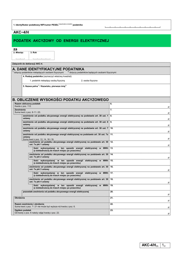 AKC-4/H (9) Podatek akcyzowy od energii elektrycznej 