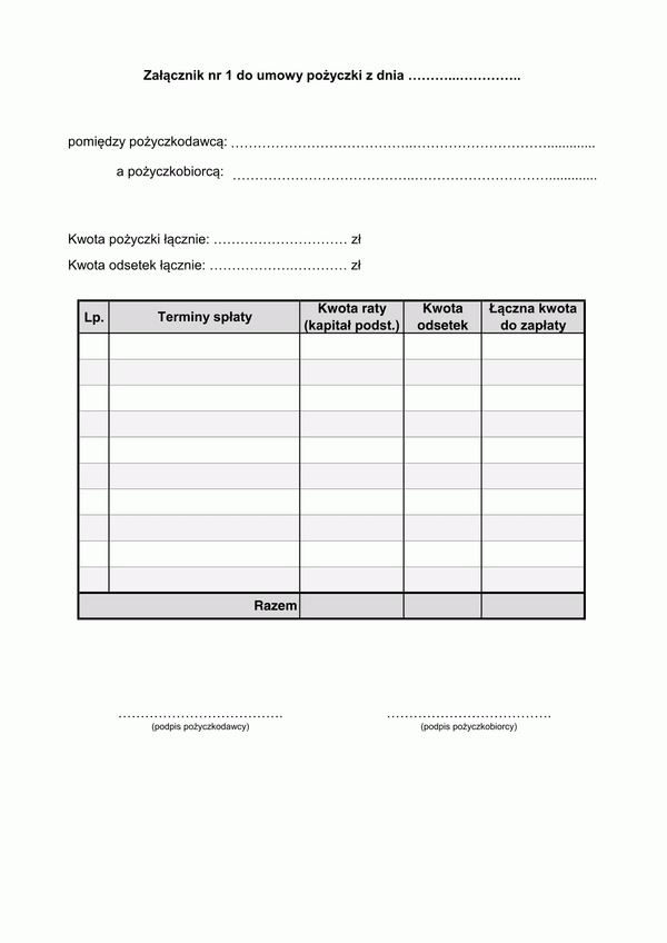 UPzal1 Zestawienie spłacanych rat - załącznik nr 1 do umowy pożyczki