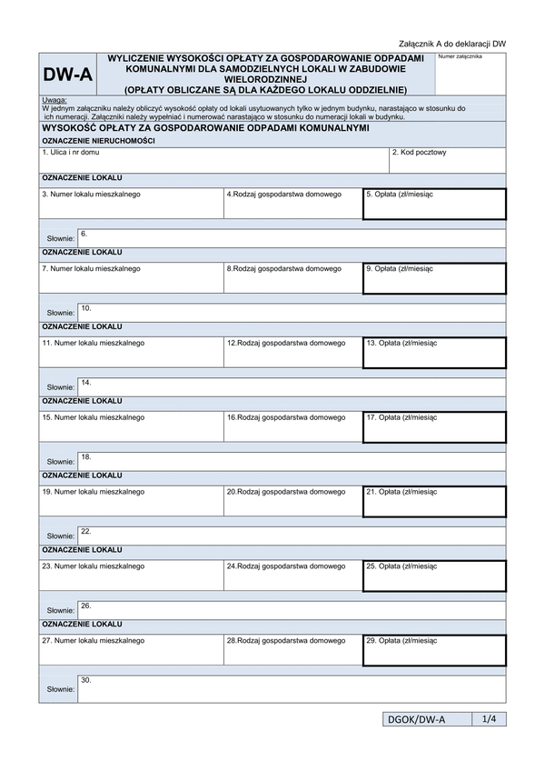 DW-A Wyliczenie wysokości opłaty za gospodarowanie odpadami komunalnymi dla samodzielnych lokali w zabudowie wielorodzinnej (opłaty obliczane są dla każdego lokalu oddzielnie) - załącznik do deklaracji DW - Kraków