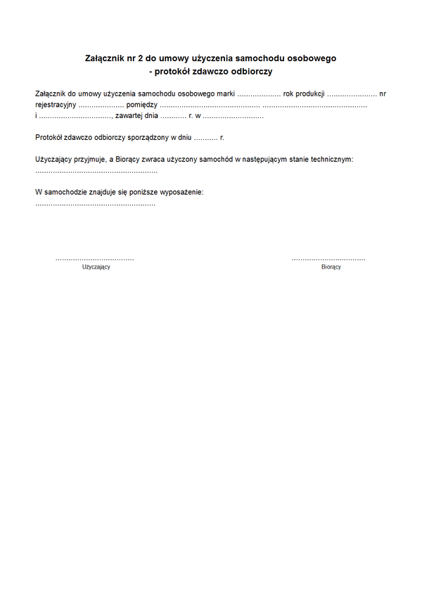 UUSO - zal2 Załącznik nr 2 do umowy użyczenia samochodu osobowego - protokół zdawczo odbiorczy 
