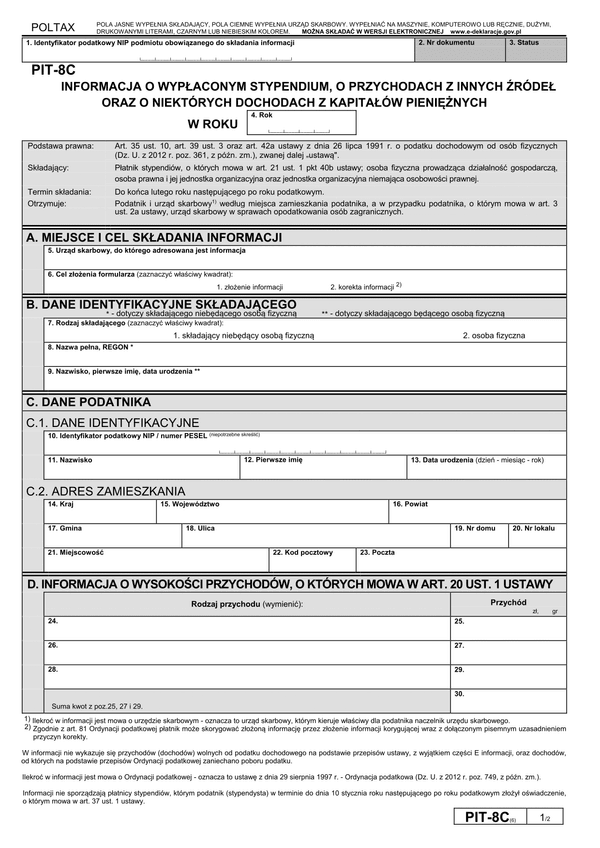 PIT-8C (6) (2013) (archiwalny) Informacja o wypłaconym stypendium, o przychodach z innych źródeł oraz o niektórych dochodach z kapitałów pieniężnych