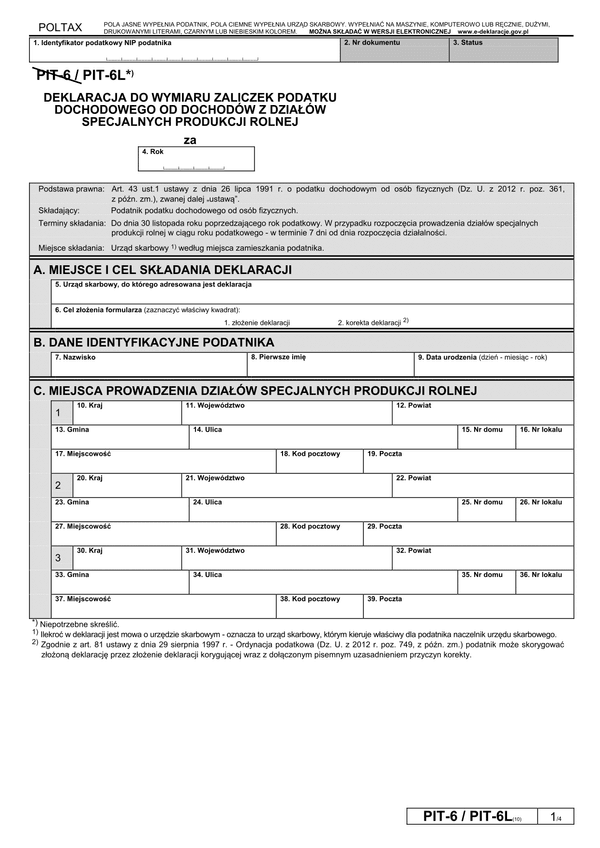 PIT-6L (10) (2013) (archiwalny) Deklaracja do wymiaru zaliczek podatku dochodowego od dochodów z działów specjalnych produkcji rolnej