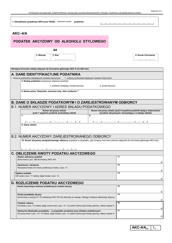 AKC-4/A (4) (od 2013) (archiwalny) Podatek akcyzowy od alkoholu etylowego 