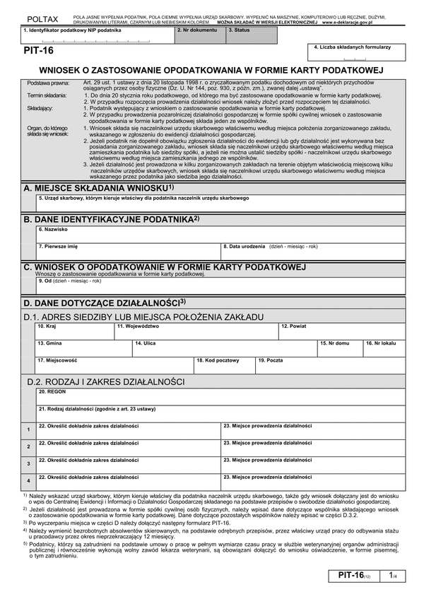 PIT-16 (12) (2014) (archiwalny) Wniosek o zastosowanie opodatkowania w formie karty podatkowej 