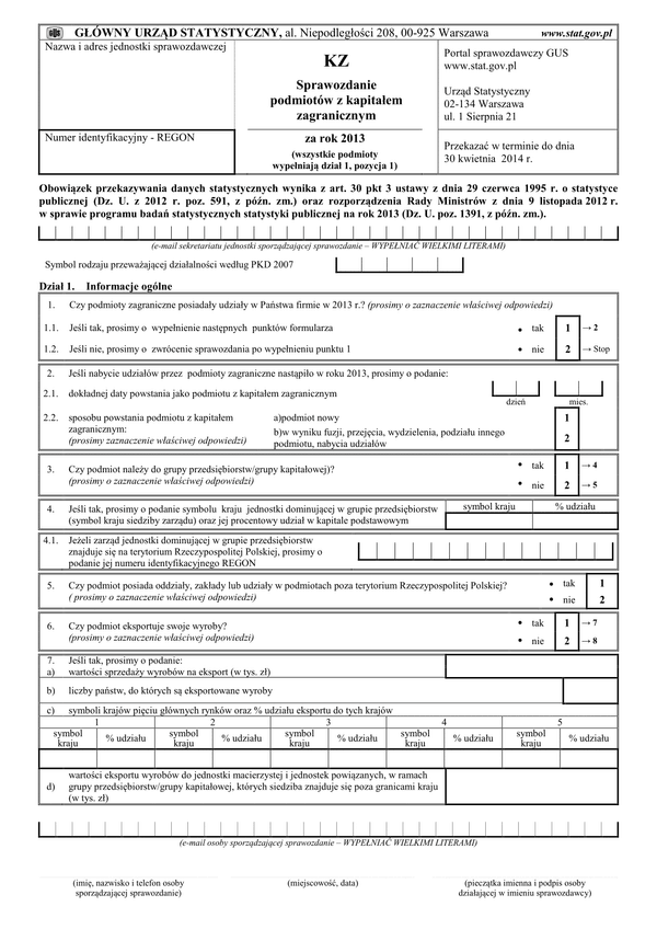 GUS KZ (2013) (archiwalny) Sprawozdanie podmiotów z kapitałem zagranicznym za rok 2013