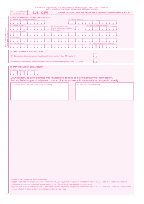 ZUS OSW Oświadczenie pracodawcy o przekazywaniu raportów informacyjnych (ZUS RIA) - z wysyłką do PUE ZUS
