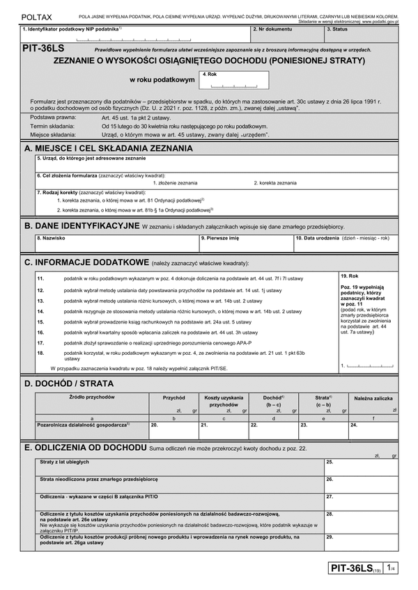 PIT-36LS (19) (archiwalny) (2022) Zeznanie o wysokości osiągniętego dochodu (poniesionej straty) 